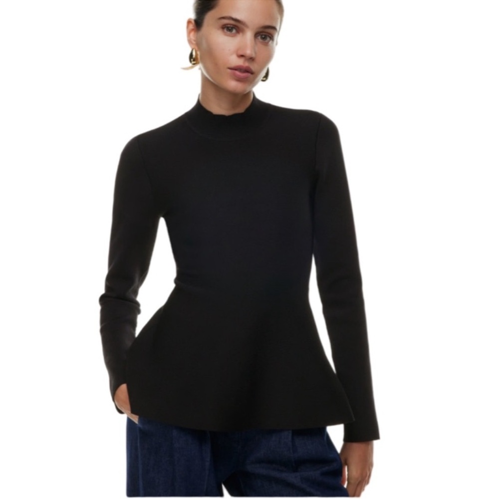Aritzia Sculpt Knit Trajectory Mock Neck in Black with Peplum Hem Medium New!